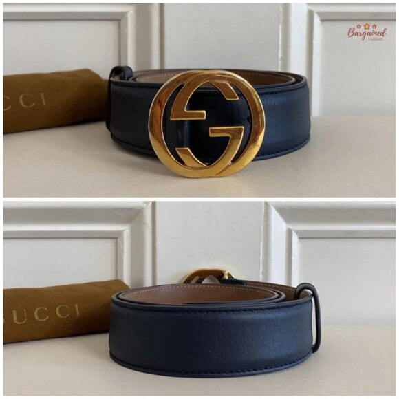 Authentic Gucci Blue Calfskin Leather Gold Interlocking G Buckle Belt 75/30 main image 12